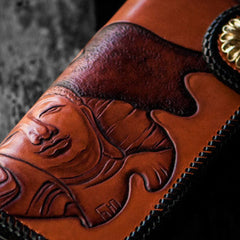 Handmade leather biker chain wallet Tooled Buddha wallet for men