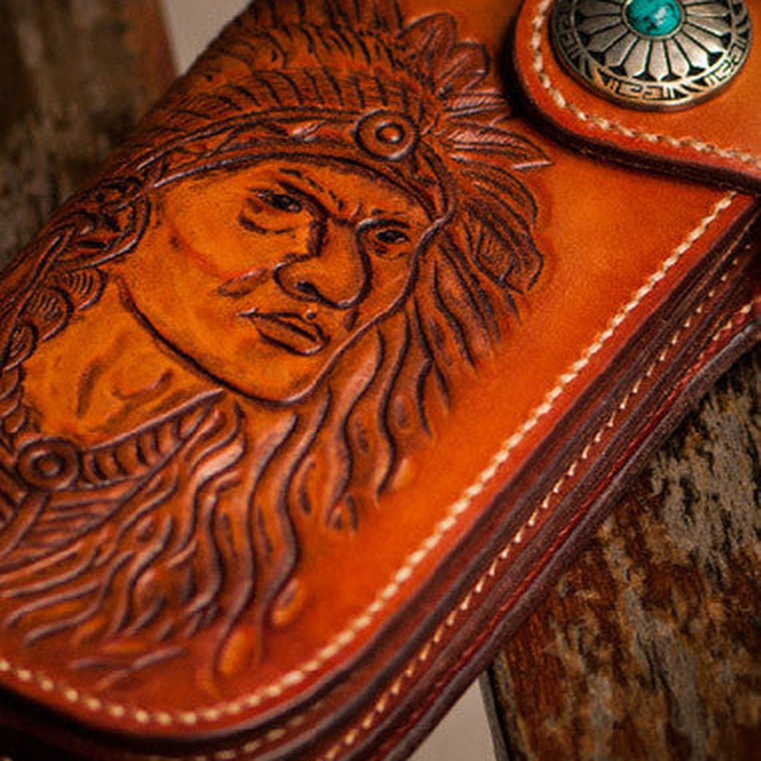 Handmade brown coffee leather indian carved biker wallet Long wallet clutch for men