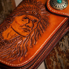 Handmade brown coffee leather indian carved biker wallet Long wallet clutch for men