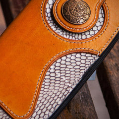 Handmade leather biker trucker wallet Brown boa skin leather chain men wallet