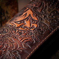 Handmade black brown coffee leather prajna carved biker wallet Long wallet clutch for men