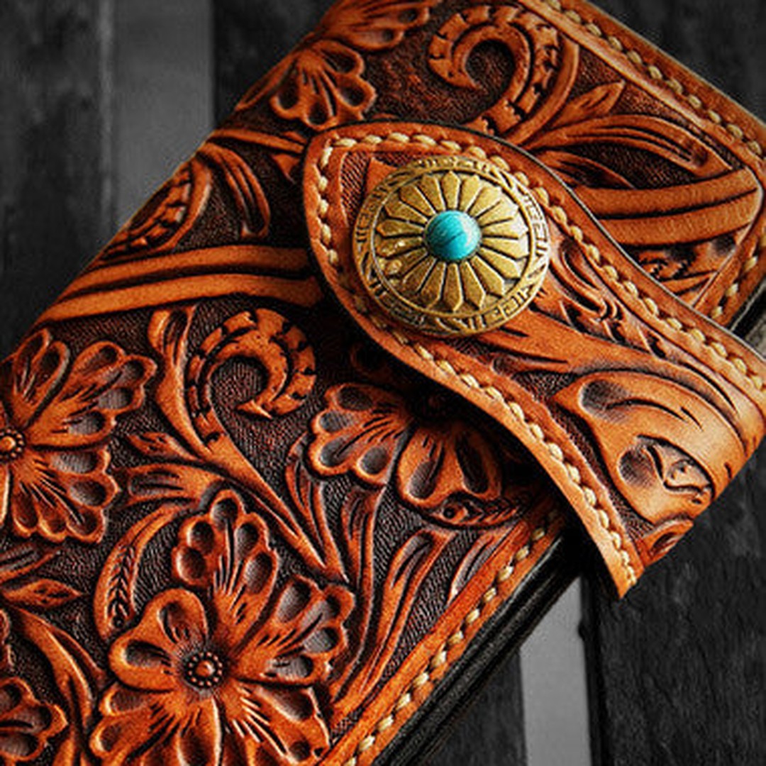 Handmade leather biker trucker wallet brown floral leather chain men Carved Tooled wallet