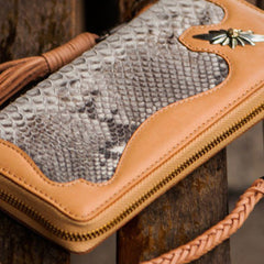 Handmade leather raw python skin biker wallet Cool long chain wallet for men