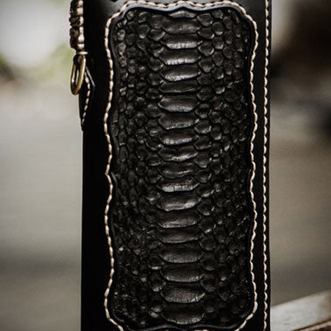 Handmade leather raw python skin biker wallet long wallet black leather chain wallet for men