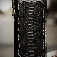 Handmade leather raw python skin biker wallet long wallet black leather chain wallet for men