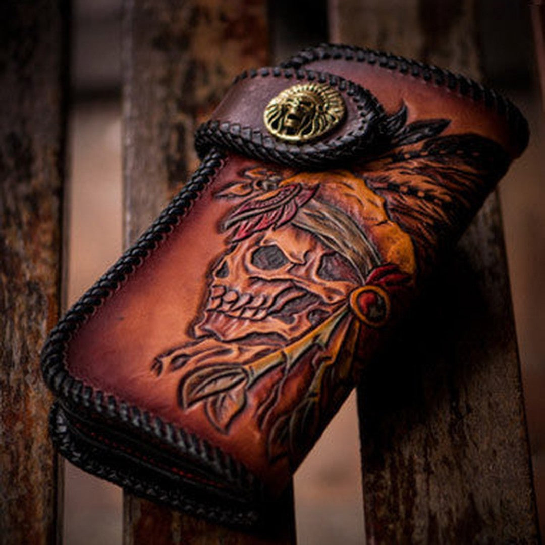 Handmade leather brown indian skull carved biker wallet bifold long wallet for men