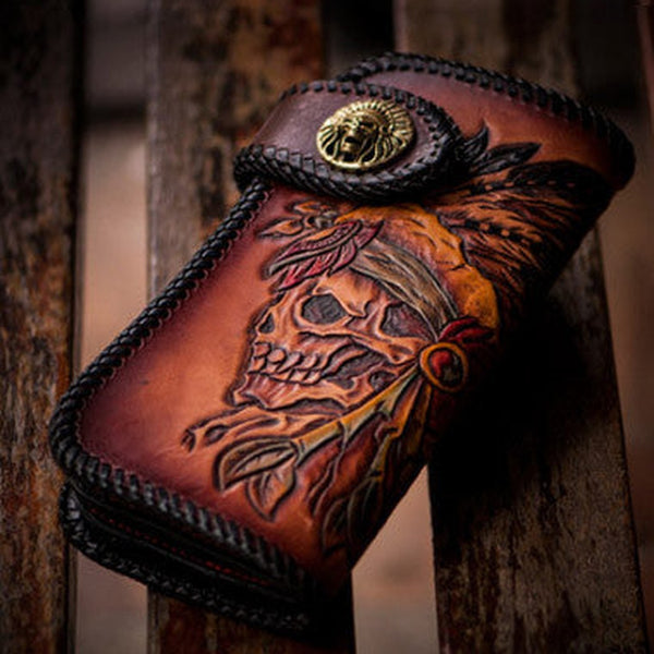 Handmade leather brown indian skull carved biker wallet bifold long wallet for men