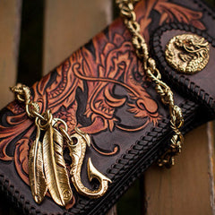 Handmade black brown leather floral Chinese dragon carved biker wallet Long wallet for men