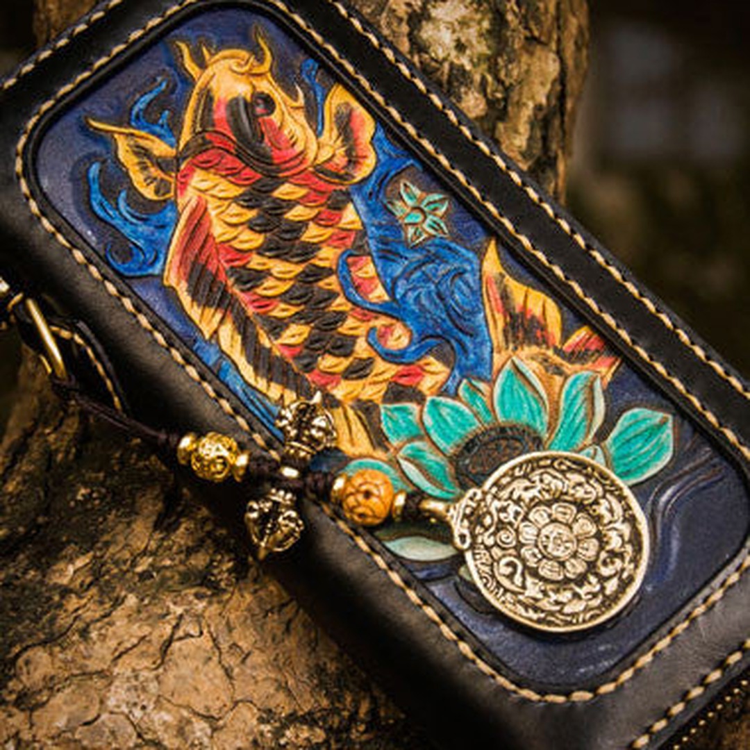 Handmade leather carp biker wallet clutch zip long wallet brown leather men phone