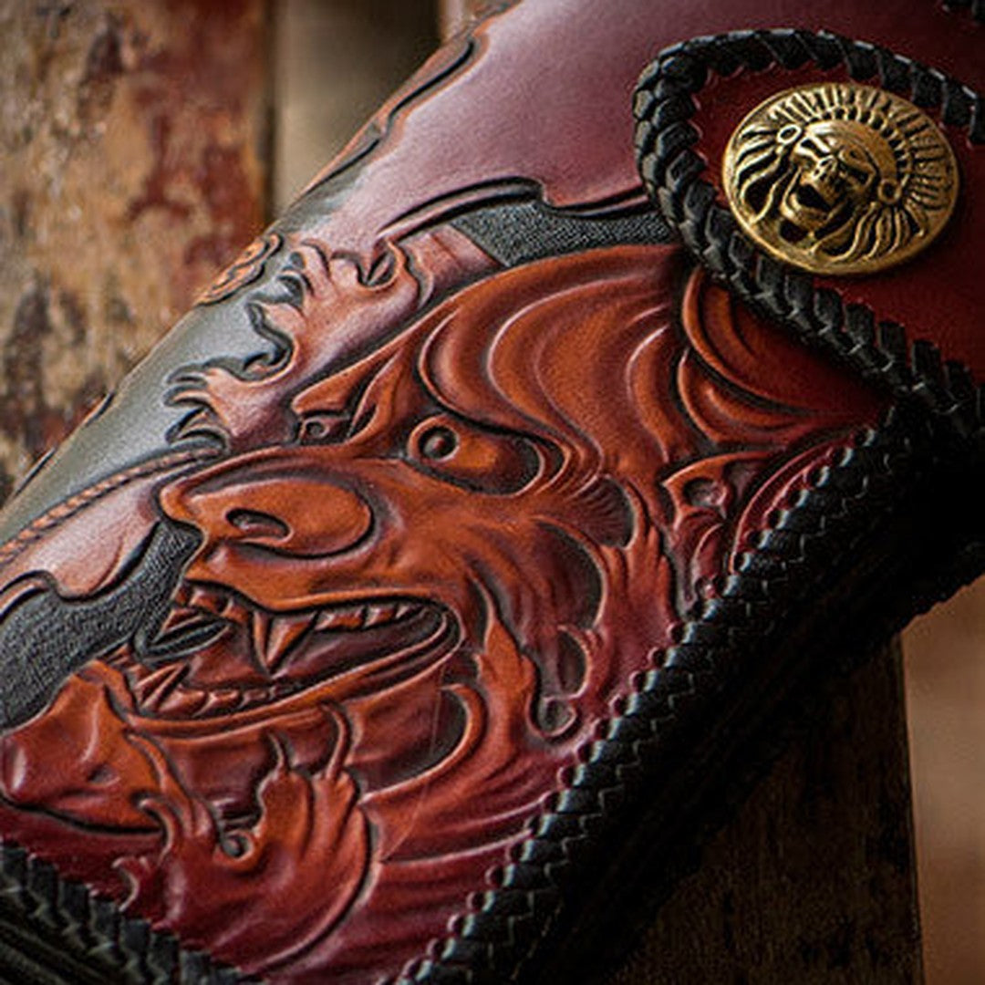 Handmade black brown leather prajna carved biker wallet Long wallet clutch for men