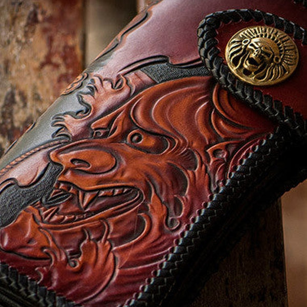 Handmade black brown leather prajna carved biker wallet Long wallet clutch for men