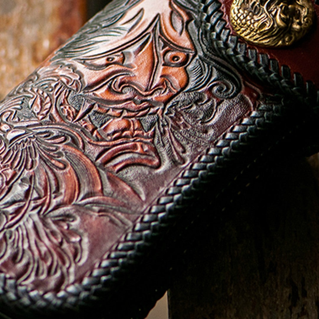 Handmade red brown leather prajna carved biker wallet Long wallet clutch for men