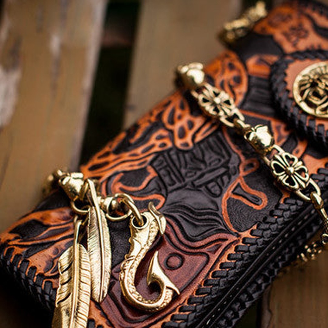 Handmade orange black coffee leather skull guns carved biker wallet Long wallet for men