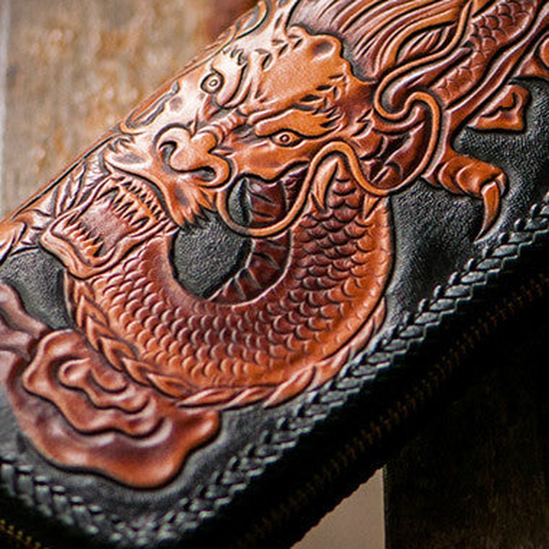 Handmade brown black leather floral Chinese dragon carved biker wallet Long wallet for men