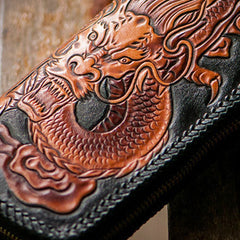 Handmade brown black leather floral Chinese dragon carved biker wallet Long wallet for men