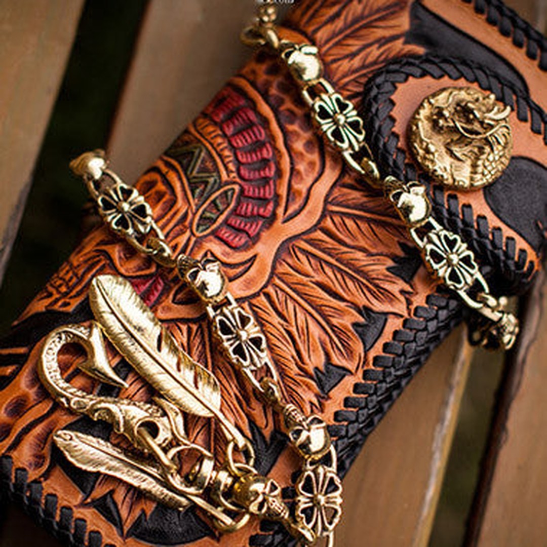 Handmade black leather indian skull carved biker wallet bifold long wallet for men