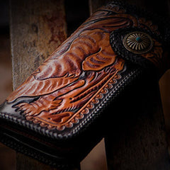 Handmade black brown leather floral tiger carved biker wallet Long wallet clutch for men