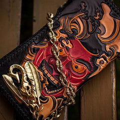 Handmade black leather Prajna Plutus carved biker wallet Long wallet clutch for men