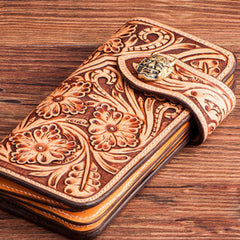 Handmade brown leather floral carved men biker wallet Long wallet clutch for men