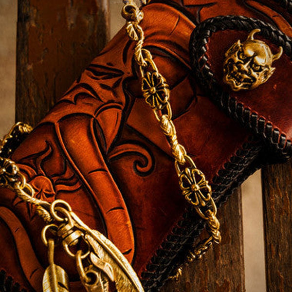 Handmade leather biker trucker wallet leather chain men devil Black Carved Tooled wallet