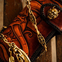 Handmade leather biker trucker wallet leather chain men devil Black Carved Tooled wallet