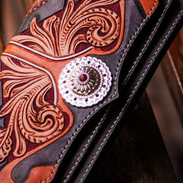 Handmade leather long tooled wallet Black floral men clutch wallet