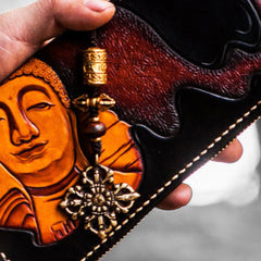 Handmade leather Buddha biker wallet clutch zip long wallet brown leather men phone