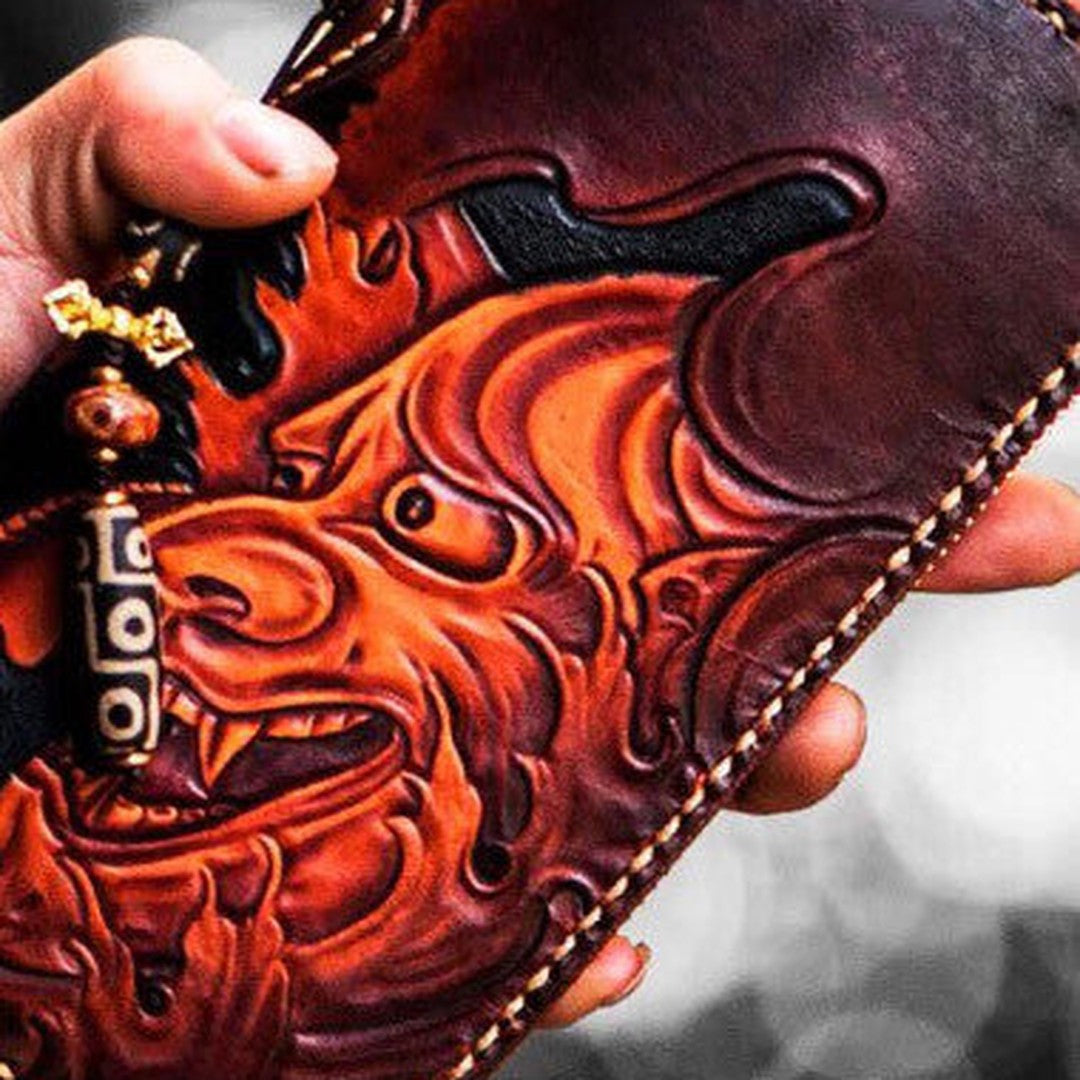 Handmade leather prajna biker wallet chain long wallets brown leather for men