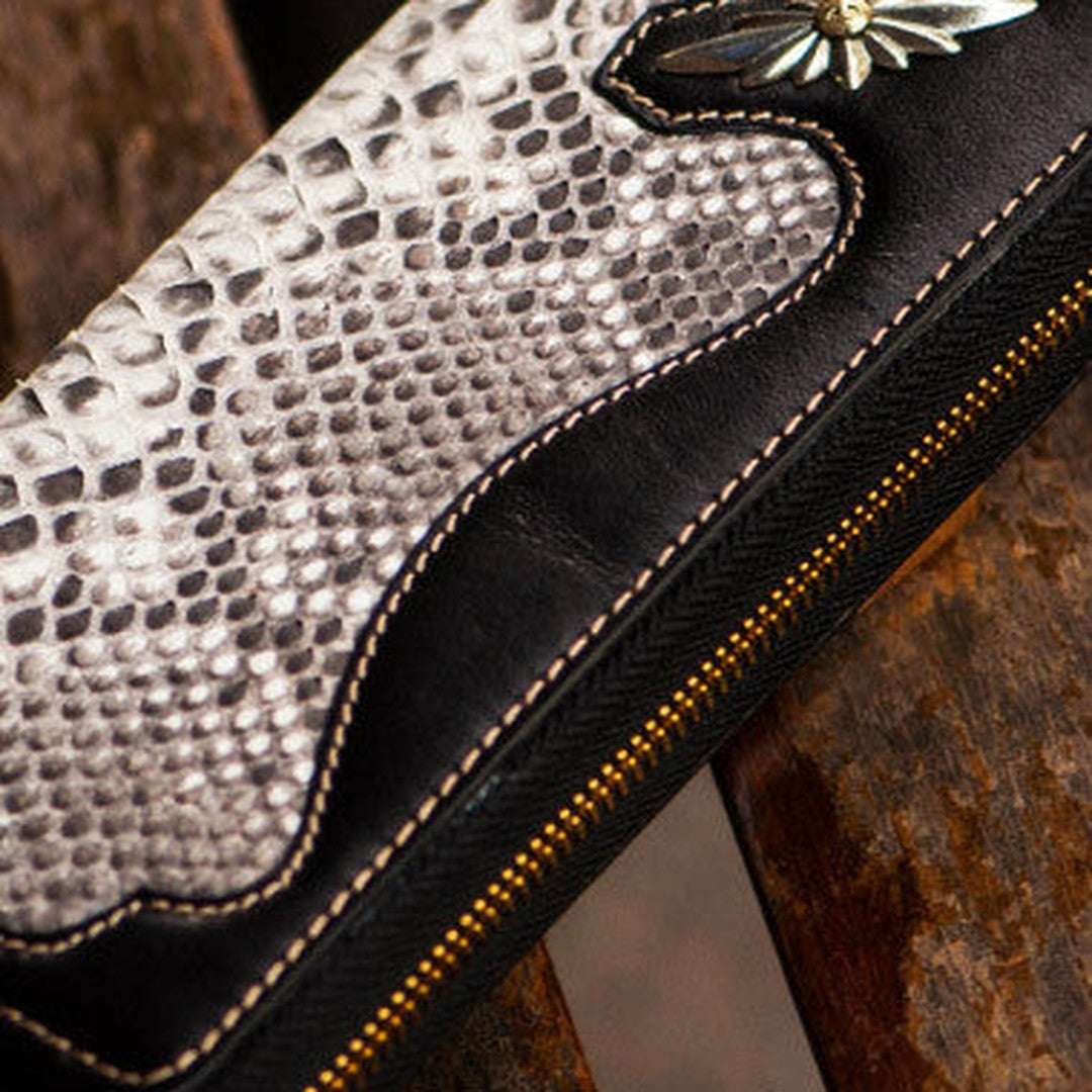 Handmade leather python skin biker wallet clutch zip long wallet leather men phone