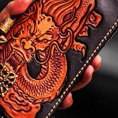 Handmade leather Chinese Dragon biker wallet clutch zip long wallet black leather men phone