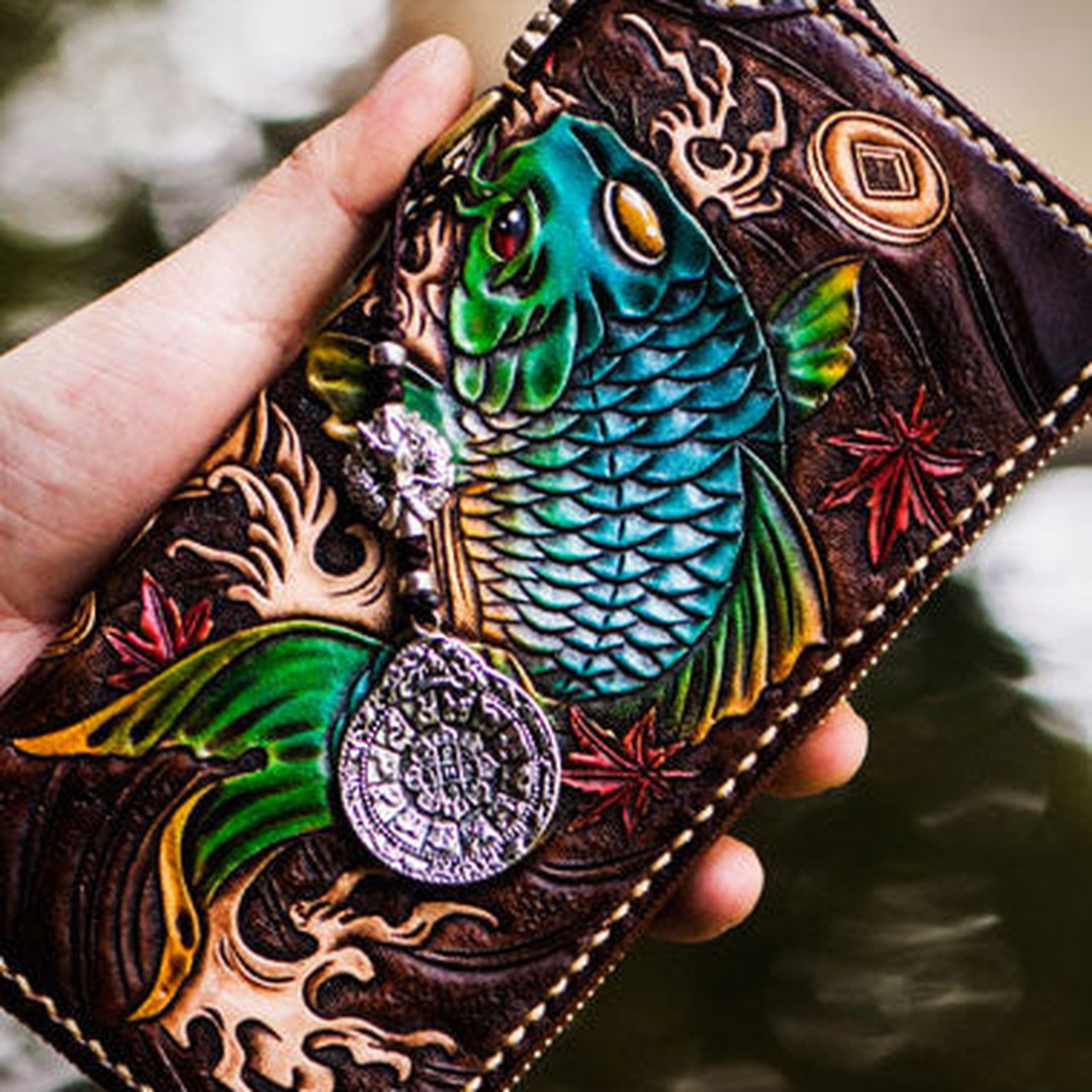 Handmade leather carp biker wallet clutch zip long wallet brown leather men phone