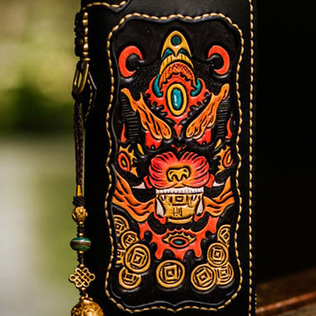 Handmade leather Chinese Monster biker wallet long wallet black leather men phone