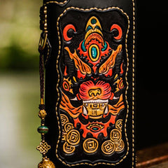 Handmade leather Chinese Monster biker wallet long wallet black leather men phone