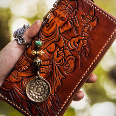 Handmade leather Ganesha biker wallet long wallet brown leather men phone
