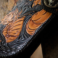 Handmade brown coffee leather Black and white variable carved biker wallet Long wallet for men