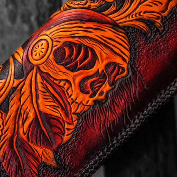 Handmade leather clutch zip long wallet black skull leather men Tooled