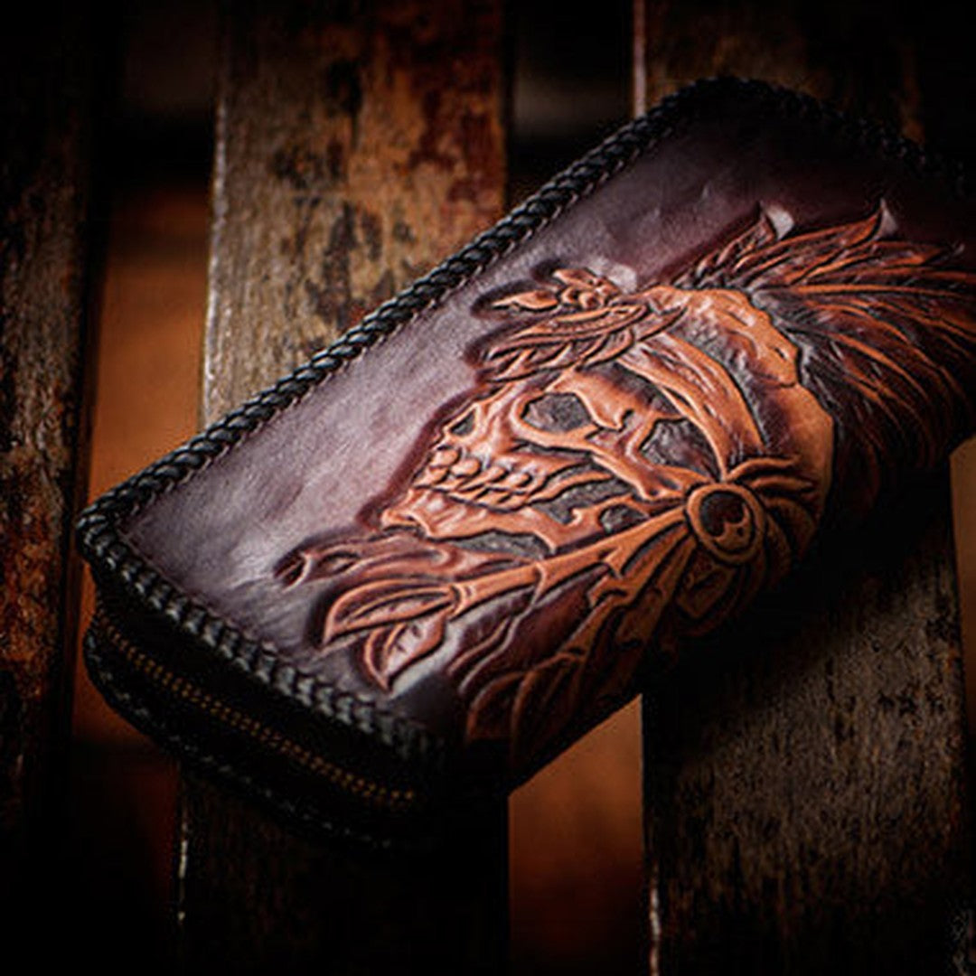 Handmade leather coffee black indian skull carved biker wallet bifold long wallet for men