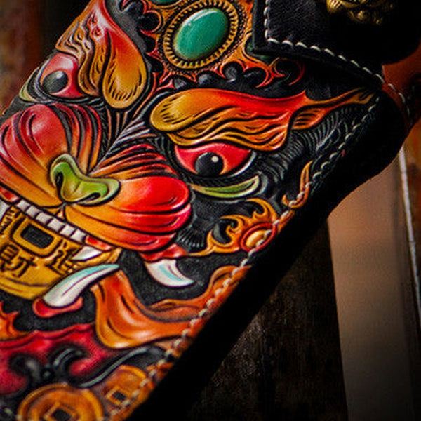 Handmade leather biker trucker wallet leather chain men monster Black Carved Tooled wallet