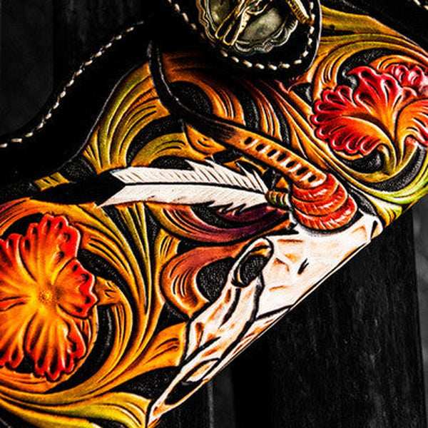 Handmade leather biker trucker wallet black skull floral leather chain men Carved Tooled wallet