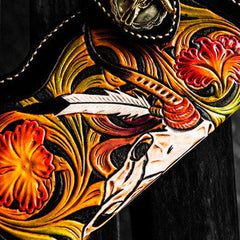 Handmade leather biker trucker wallet black skull floral leather chain men Carved Tooled wallet