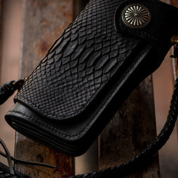 Handmade leather biker chain trucker wallet leather men Black snake skin Tooled wallet