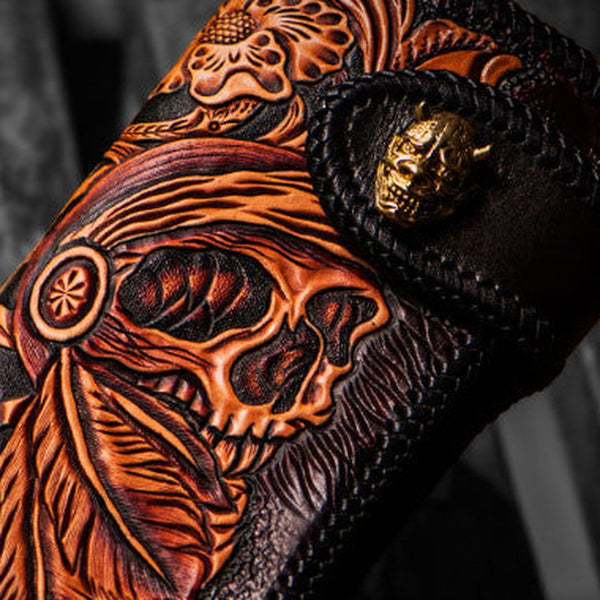 Handmade leather biker trucker wallet black skull leather chain men Tooled wallet