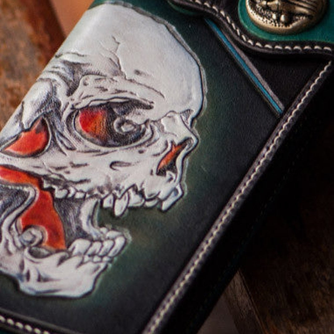 Handmade leather biker trucker wallet green skull leather chain men wallet