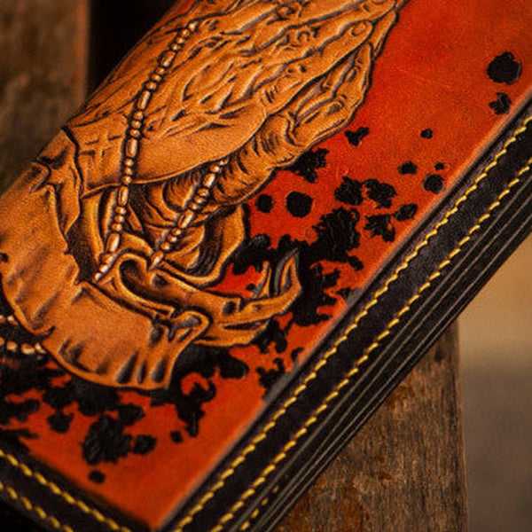 Handmade leather long tooled wallet Brown Buddha prayer men clutch wallet