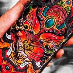 Handmade leather Chinese Monster biker wallet clutch zip long wallet black leather men phone