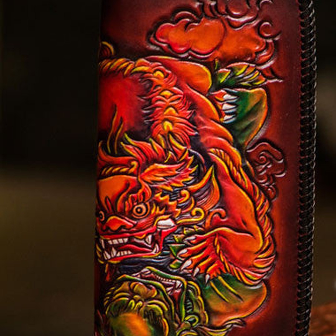 Handmade leather Chinese Lion zip wallet long wallet clutch leather men phone