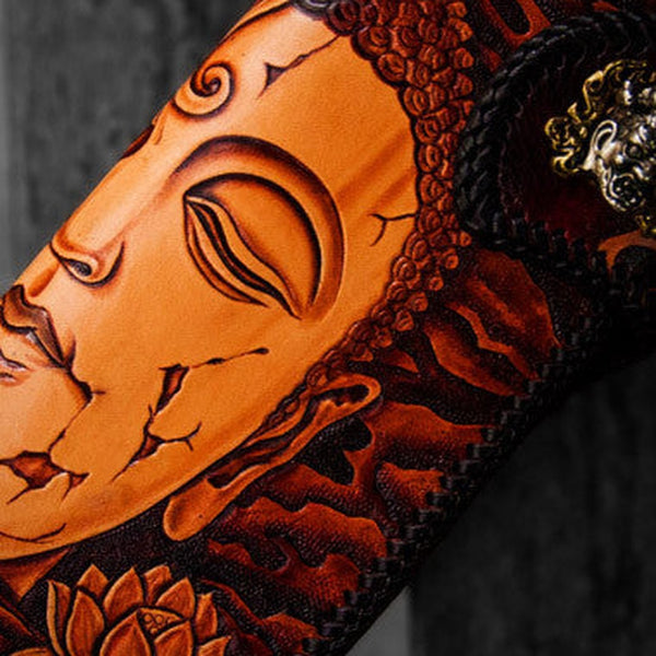 Handmade leather biker trucker wallet black Buddha leather chain men Tooled wallet