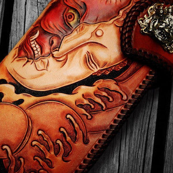 Handmade leather biker trucker wallet black Buddha leather chain men Carved Tooled wallet