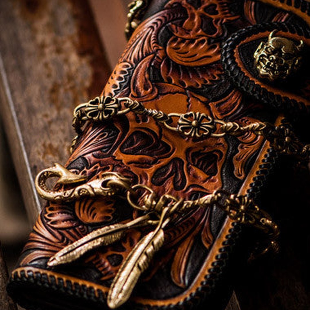 Handmade Skull leather biker trucker wallet leather chain men Brown Black Carved Tooled wallet