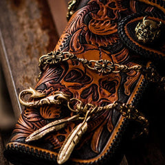Handmade Skull leather biker trucker wallet leather chain men Brown Black Carved Tooled wallet